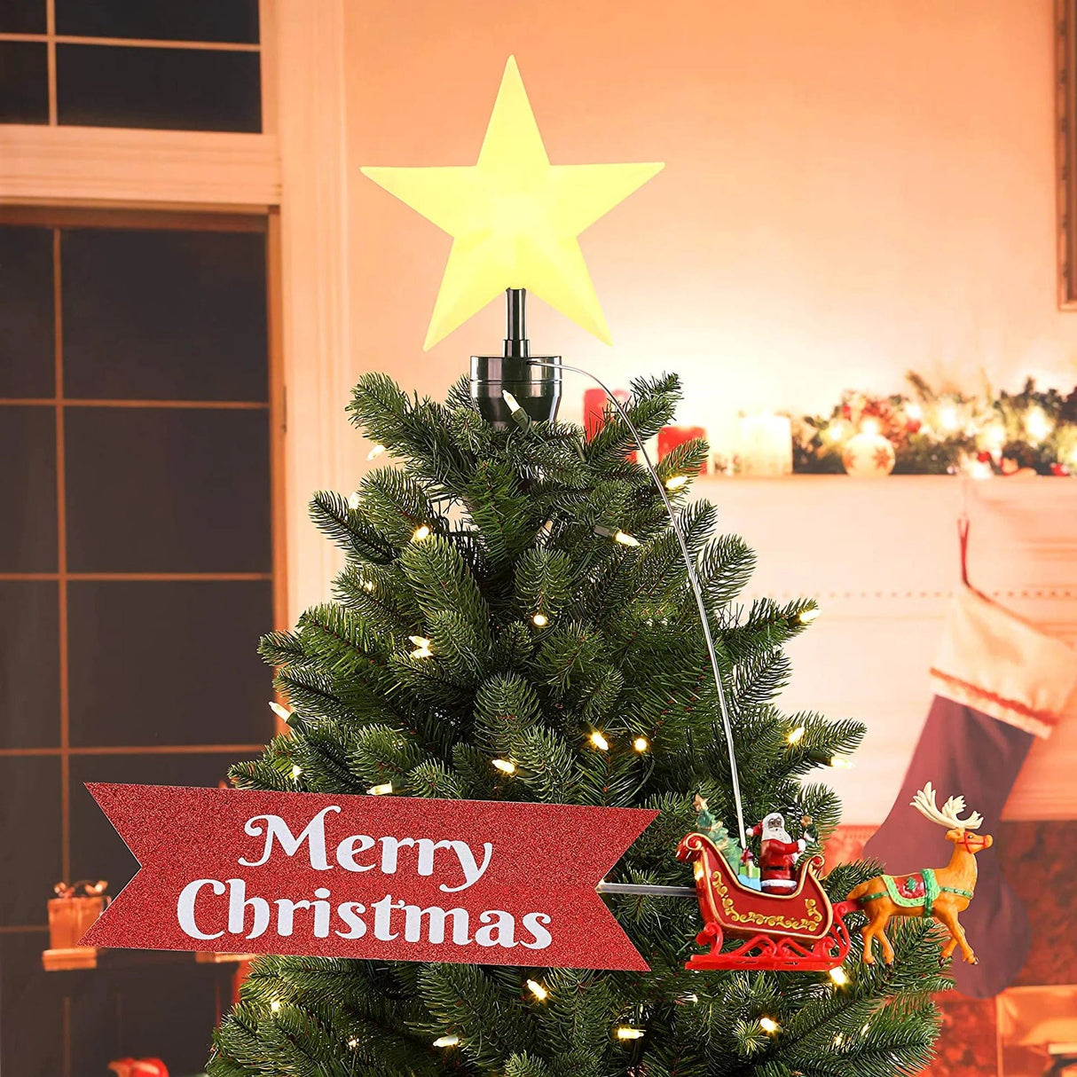Animated Sleigh, Tree Topper with Banner