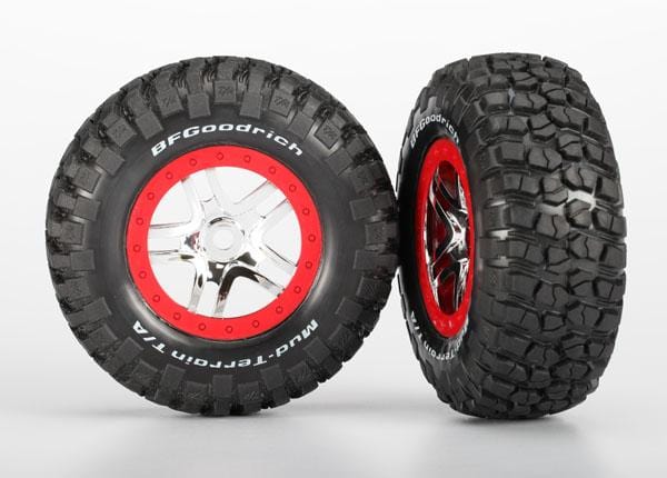 Tires & wheels, assembled, glued (S1 ultra-solft off-road racing compound) (SCT Split-Spoke, chrome red beadlock wheel, dual profile (2.2" outer, 3.0" inner), BFGoodrich® Mud-Terrain™ T/A ® KM2 dash, inserts) (2) (front/rear)