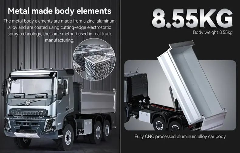 [Detay] Double E Hobby Volvo FMX 1/14 - çinko alüminyum metal gövde ve CNC damper