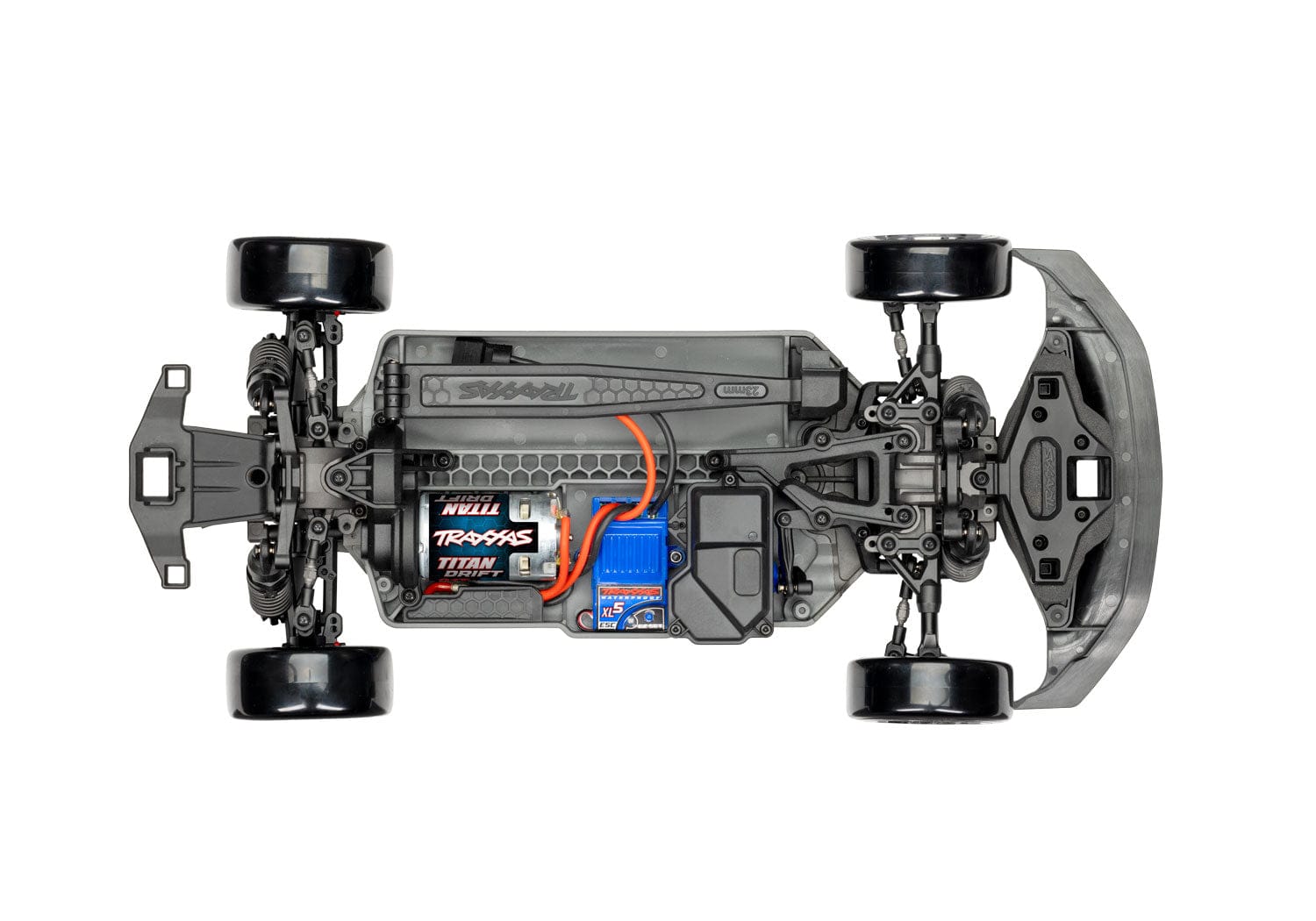 [Motor] Traxxas 4-Tec Mustang - Titan Drift motor ve XL-5 ESC yerleşimini gösteren şasi üstten