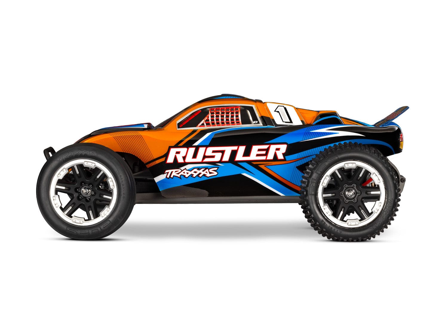 [Dış] Traxxas Rustler XL-5 - Turuncu kasa yandan stüdyo profil görünümü