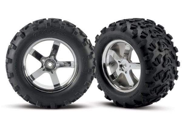 Tires & wheels, assembled, glued (Hurricane chrome wheels, Maxx® tires (6.3" outer diameter), foam inserts) (2) (fits Revo®/T-Maxx®/E-Maxx with 6mm axle and 14mm hex)