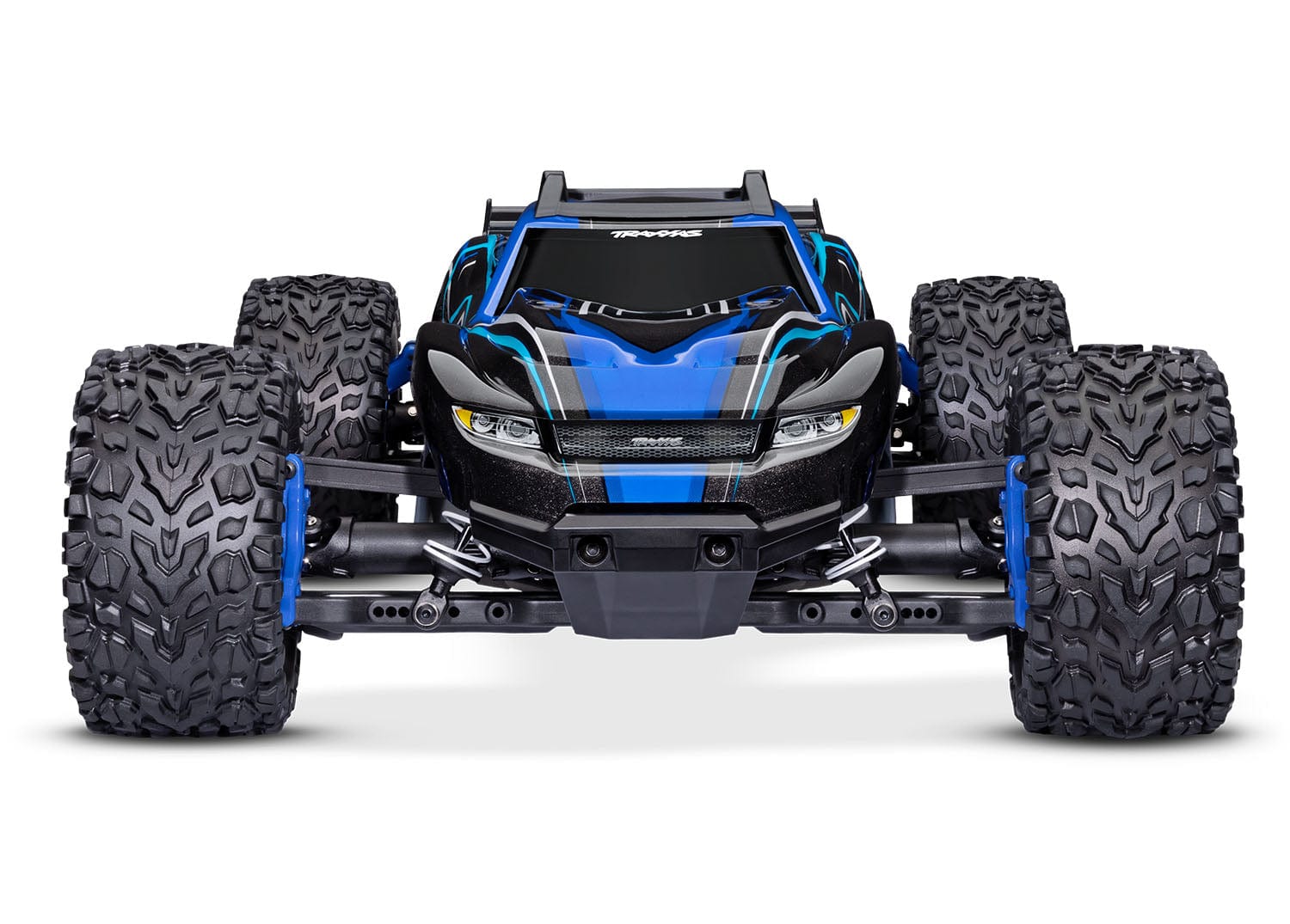 [Dış] Traxxas Rustler 4x4 - mavi kaportalı stüdyo çekimi, önden görünüm