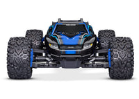 [Dış] Traxxas Rustler 4x4 - mavi kaportalı stüdyo çekimi, önden görünüm
