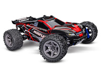 [Dış] Traxxas Rustler 4x4 - kırmızı kaportalı stüdyo çekimi, ön çapraz görünüm