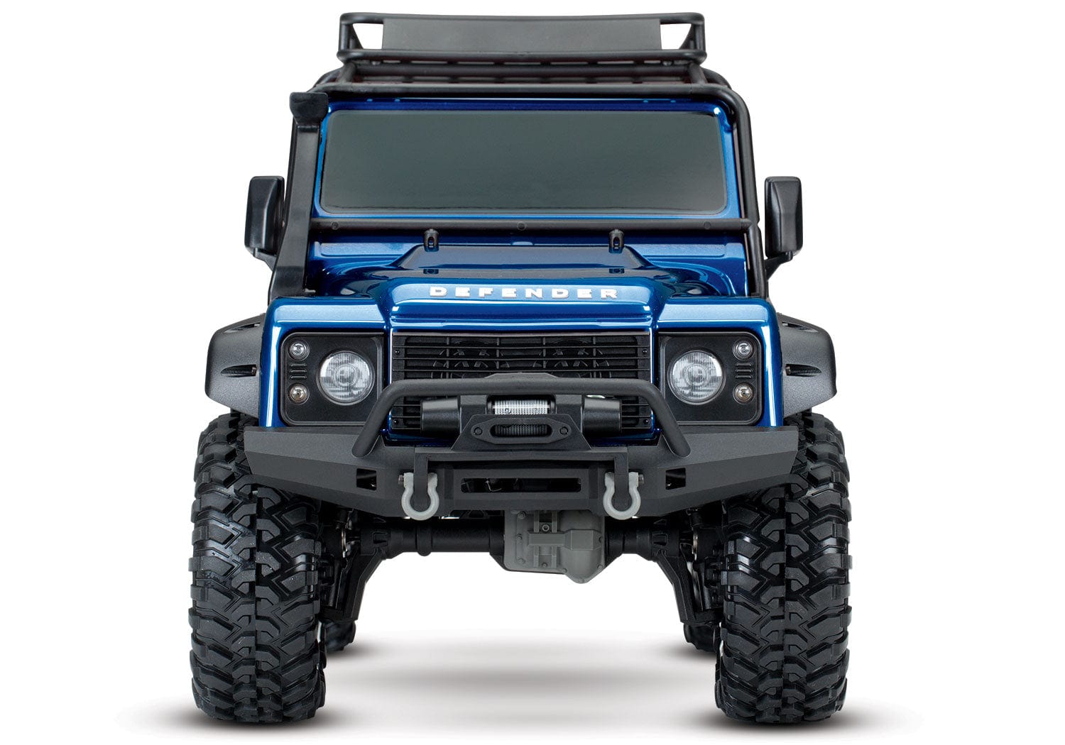 [Dış] Traxxas TRX-4 Defender - Mavi Defender stüdyo önden simetrik görünüm tampon vinç ve farlar