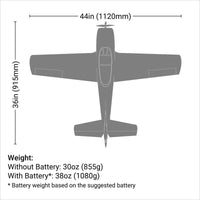 [Boyut] E-flite T-28 Trojan 1.1m - Teknik boyut diyagramı, 1120mm kanat açıklığı ve 855g ağırlık