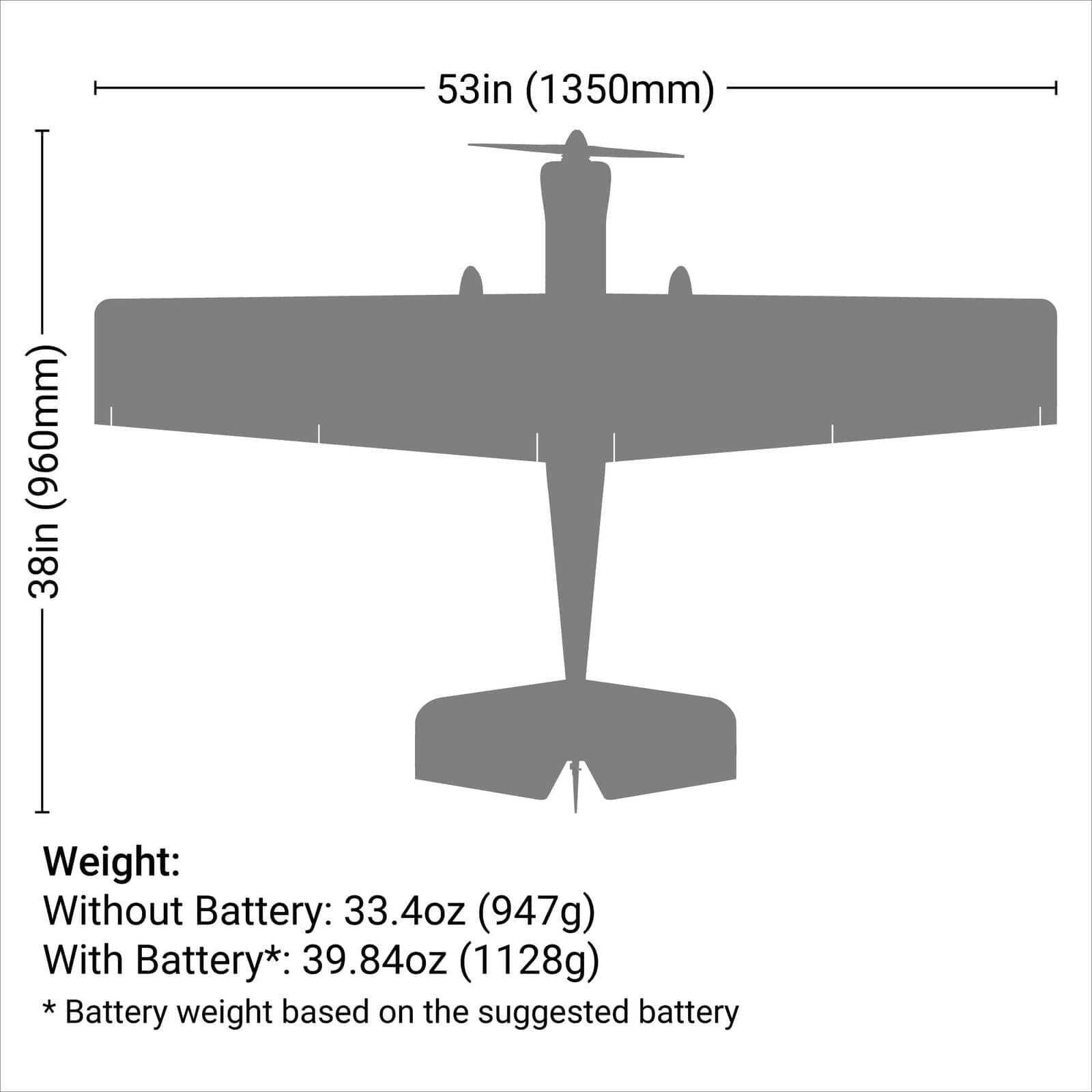 [Boyut] E-Flite Valiant 1.3m BNF Basic - Ölçü diyagramı, 1350mm kanat açıklığı ve ağırlık bilgileri
