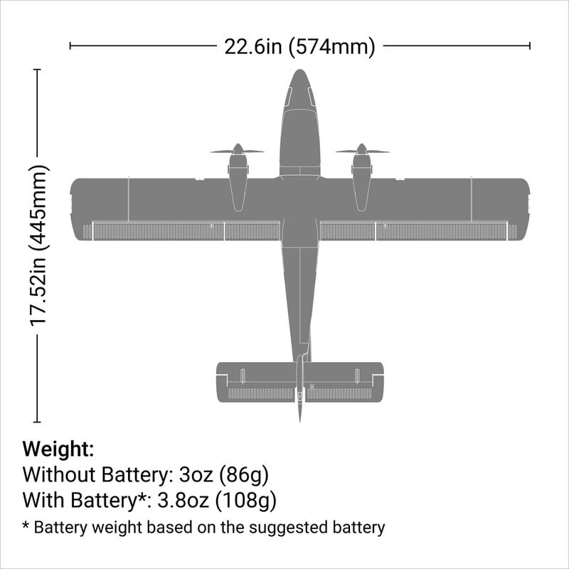 [Boyut] E-Flite UMX Twin Otter BNF Basic - Ölçü diyagramı 574mm kanat açıklığı ve 445mm uzunluk