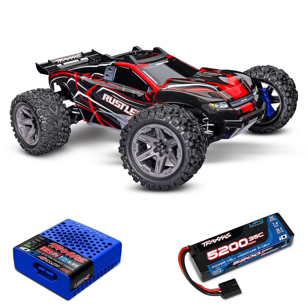 [Dış] Traxxas Rustler 4x4 - kırmızı araç, şarj aleti ve 5200mAh LiPo batarya combo seti