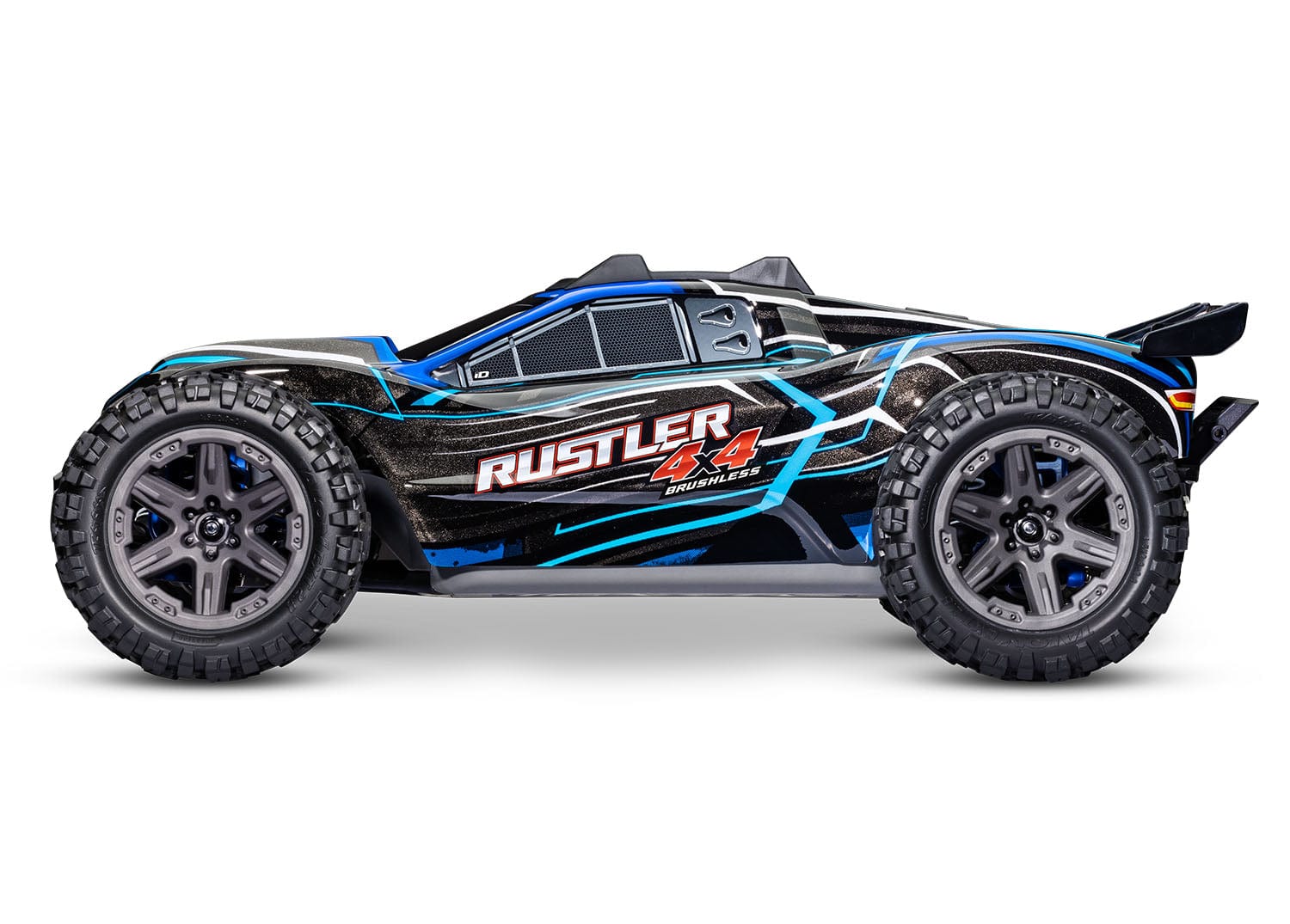 [Dış] Traxxas Rustler Combo - mavi kaportalı stüdyo çekimi, yan profil