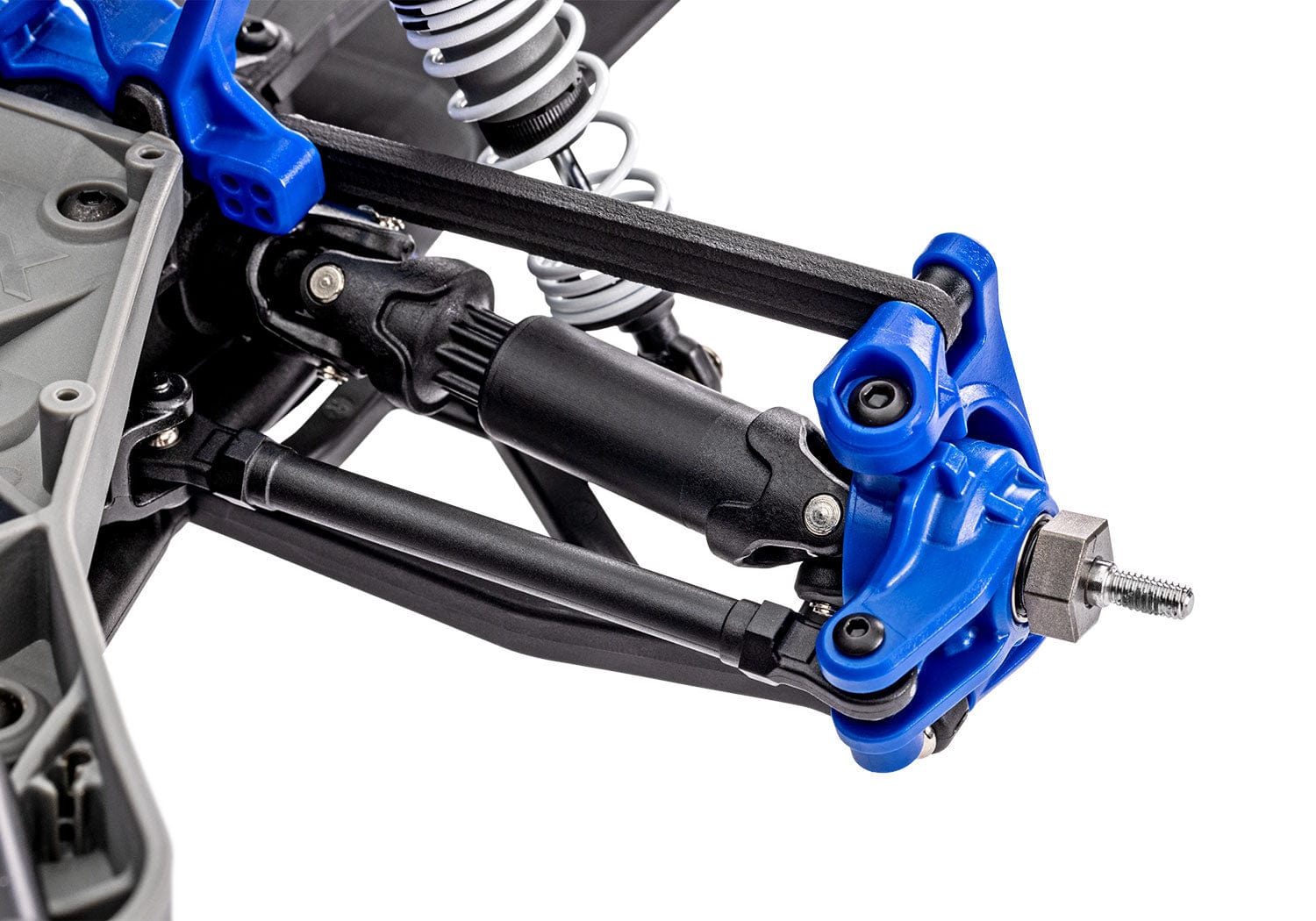 [Motor] Traxxas Slash 4x4 Combo - ön süspansiyon tahrik mili ve mavi direksiyon yumrusu yakın çekim