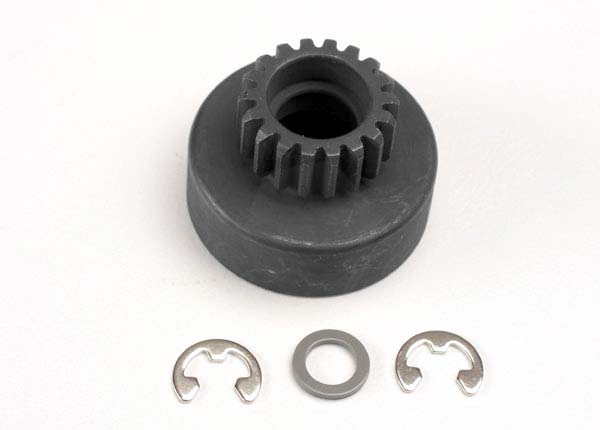 Clutch bell, (18-tooth)/ 5x8x0.5mm fiber washer (2)/ 5mm E-clip (requires #4609 - ball bearings, 5x10x4mm (2))