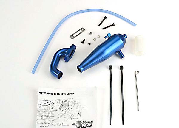 Aluminum tuned pipe & header (complete w/mounting hardware) (strong power across mid and upper RPM range) (blue-anodized)