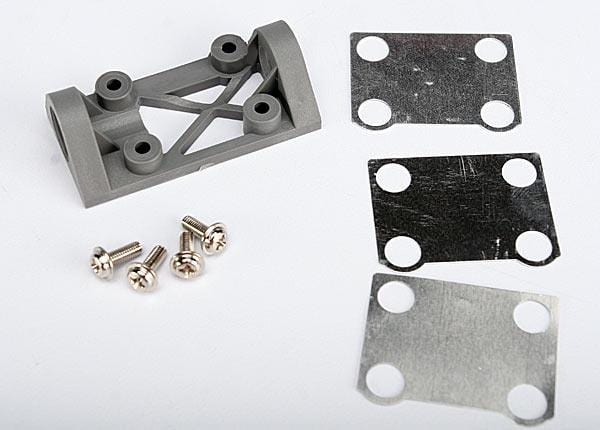 Bearing block, front (supports front shaft) (grey) / belt tension adjustment shims (front / middle) / screws