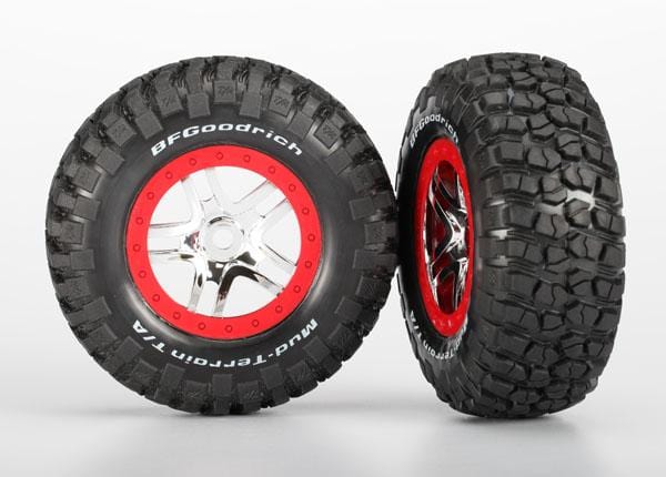 Tires & wheels, assembled, glued (S1 ultra-solft off-road racing compound) (SCT Split-Spoke, chrome red beadlock wheel, dual profile (2.2" outer, 3.0" inner), BFGoodrich® Mud-Terrain™ T/A® KM2 tire, inserts) (2) (front/rear)