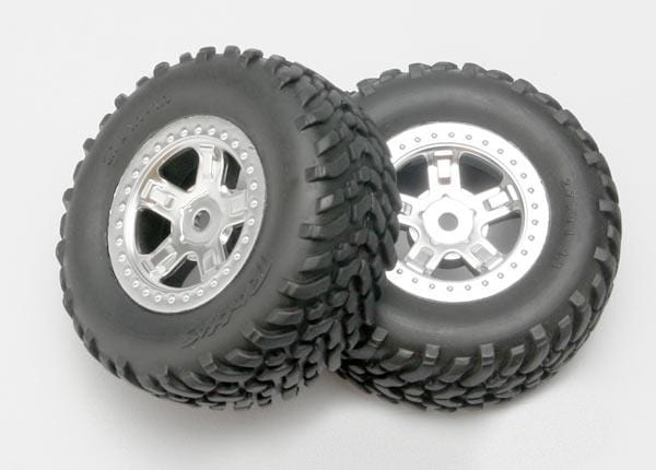Tires and wheels, assembled, glued (SCT satin chrome wheels, SCT off-road racing tires, foam inserts) (1 each, right & left)