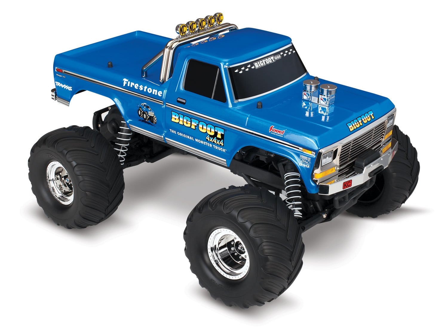 [Dış] Traxxas Bigfoot No.1 - stüdyo arka 3/4 görünüm, Firestone yazısı