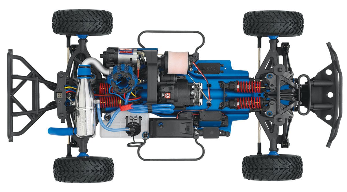 [Motor] Traxxas Slayer Pro - üstten şasi görünümü nitro motor egzoz yakıt deposu süspansiyon